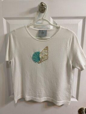 Liv Milano White Seashell Beaded Pearls Short Sleeve Sweater Women’s Medium